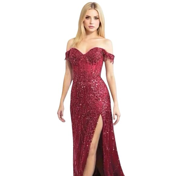 New Off Shoulder Long Glamorous Sheath Gown w/ Sequins Embroidery & TL3043C - Picture 1 of 8